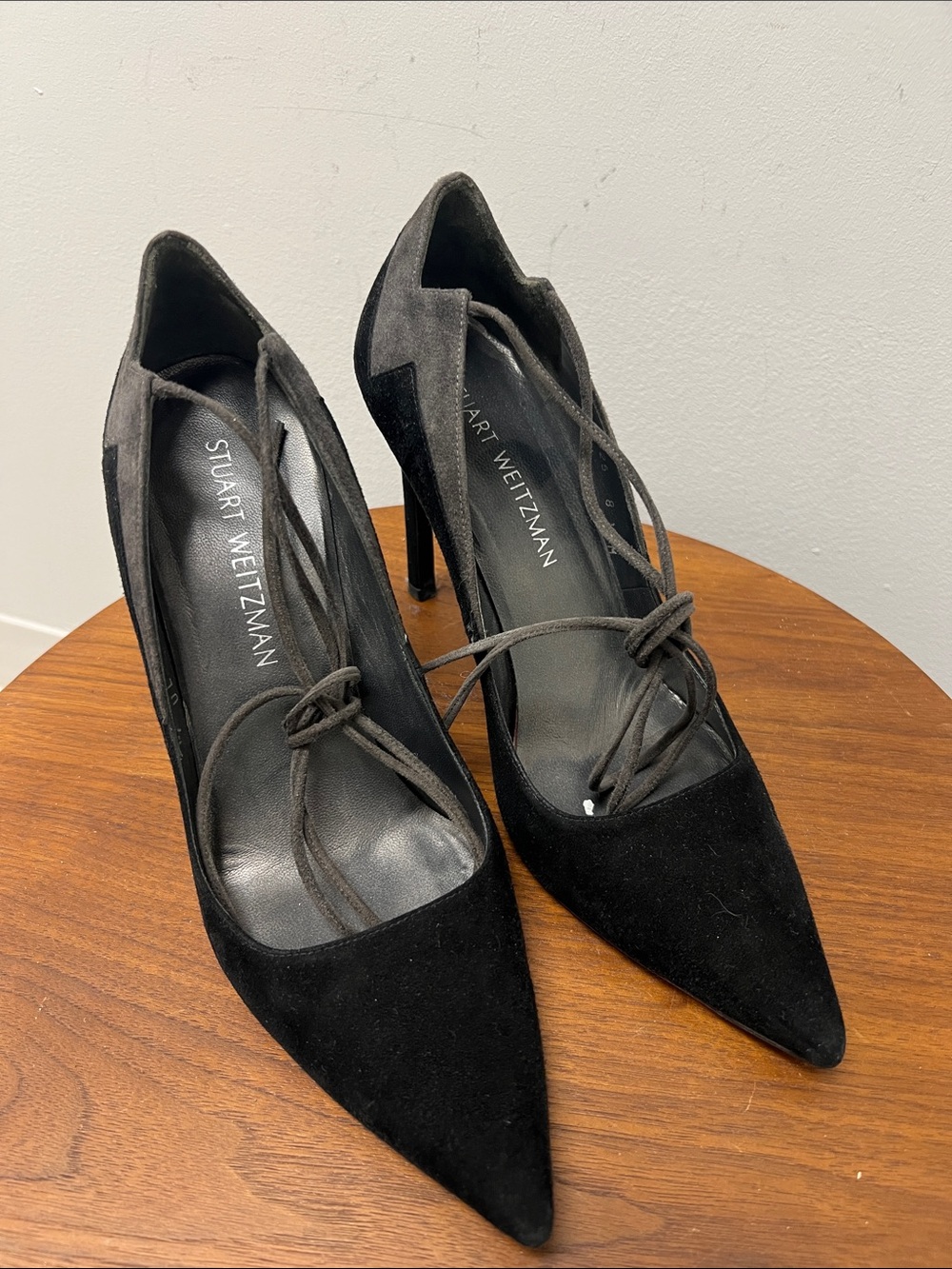 Stuart Weitzman Black Suede Pointed Lace-Up Heels